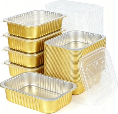 40 Pack 1.5 LB Gold Aluminum Pans with Lids, 7.2''×5''×1.8'' Food Containers |
