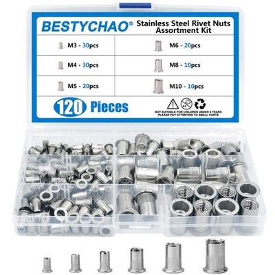 Nietmuttern Sortiment Edelstahl Flachkopf M3 M4 M5 M6 M8 M10 120 Stück