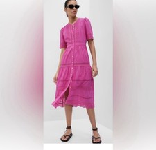 Gap Lace Button-Up Midi Dress Happy Pink Size Medium 100% Cotton T16