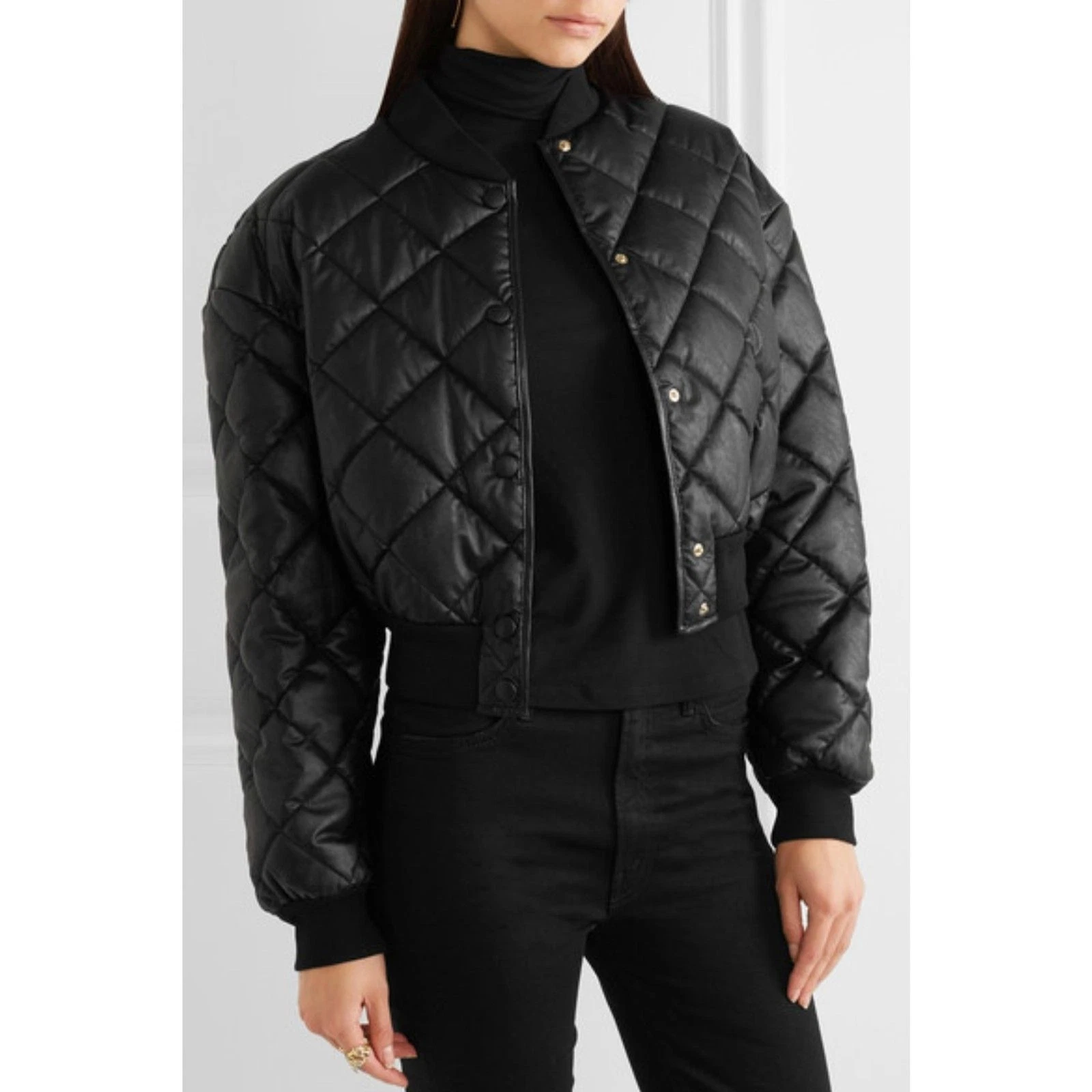 Stella McCartney — STELLA MCCARTNEY Marisa Faux Leather Quilted Cropped Bomber Jacket Black Sz 38