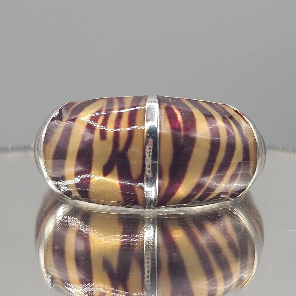 Tiger Stripe Dome Ring Size 8.5 Silver Tone Metal Camille Lucie Animal Print - Image 4 of 4