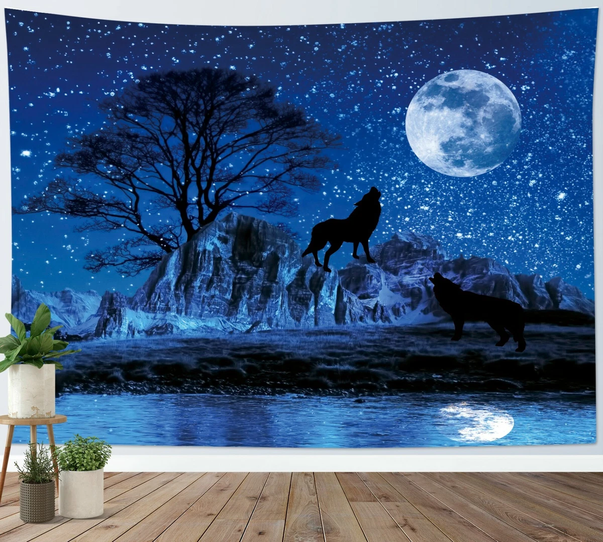 Wild Animal Wolf Tapestry Full Moon Starry Sky Wall Hanging Home