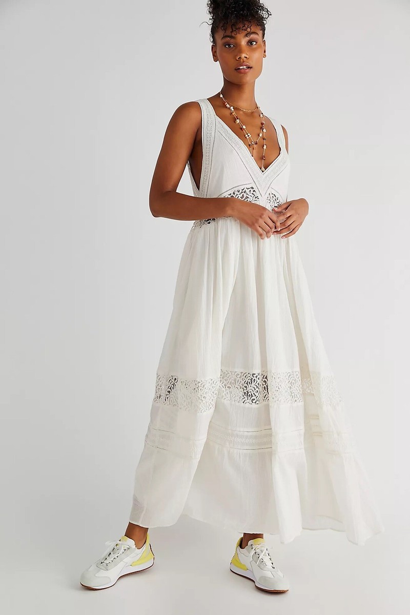 ◆as if calie◆ LACE TRIM MAXI DRESS WHITE CA24BDR004WT Free People Carla Lace Dress Size L | eBay