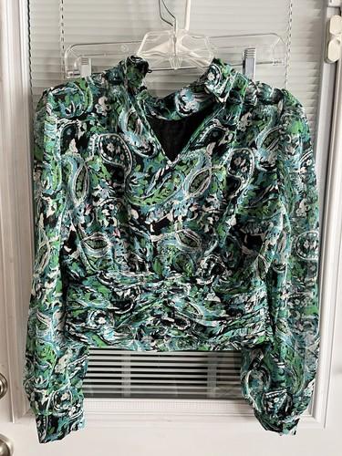 Zara Top Lg Bell Sleeve Gathered Waist High Button Cool Side Zip B/Bl/Gr/Pk Sz S - Picture 5 of 9