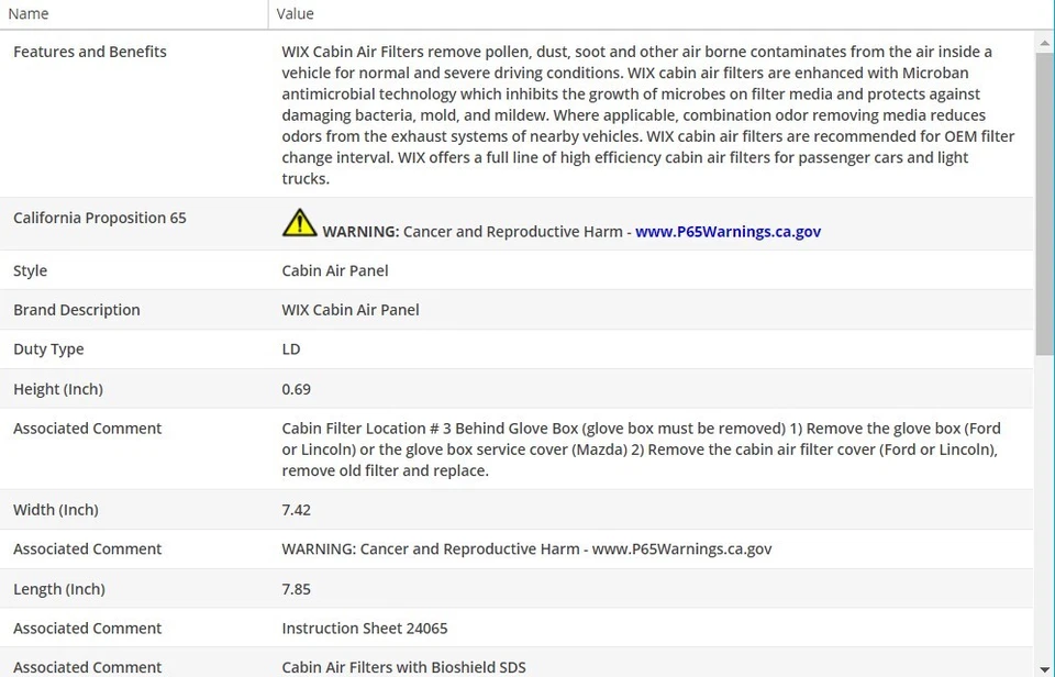 Filtro de aire de cabina WIX para MAZDA CX-9 2007-2015 Foto 3 de 4