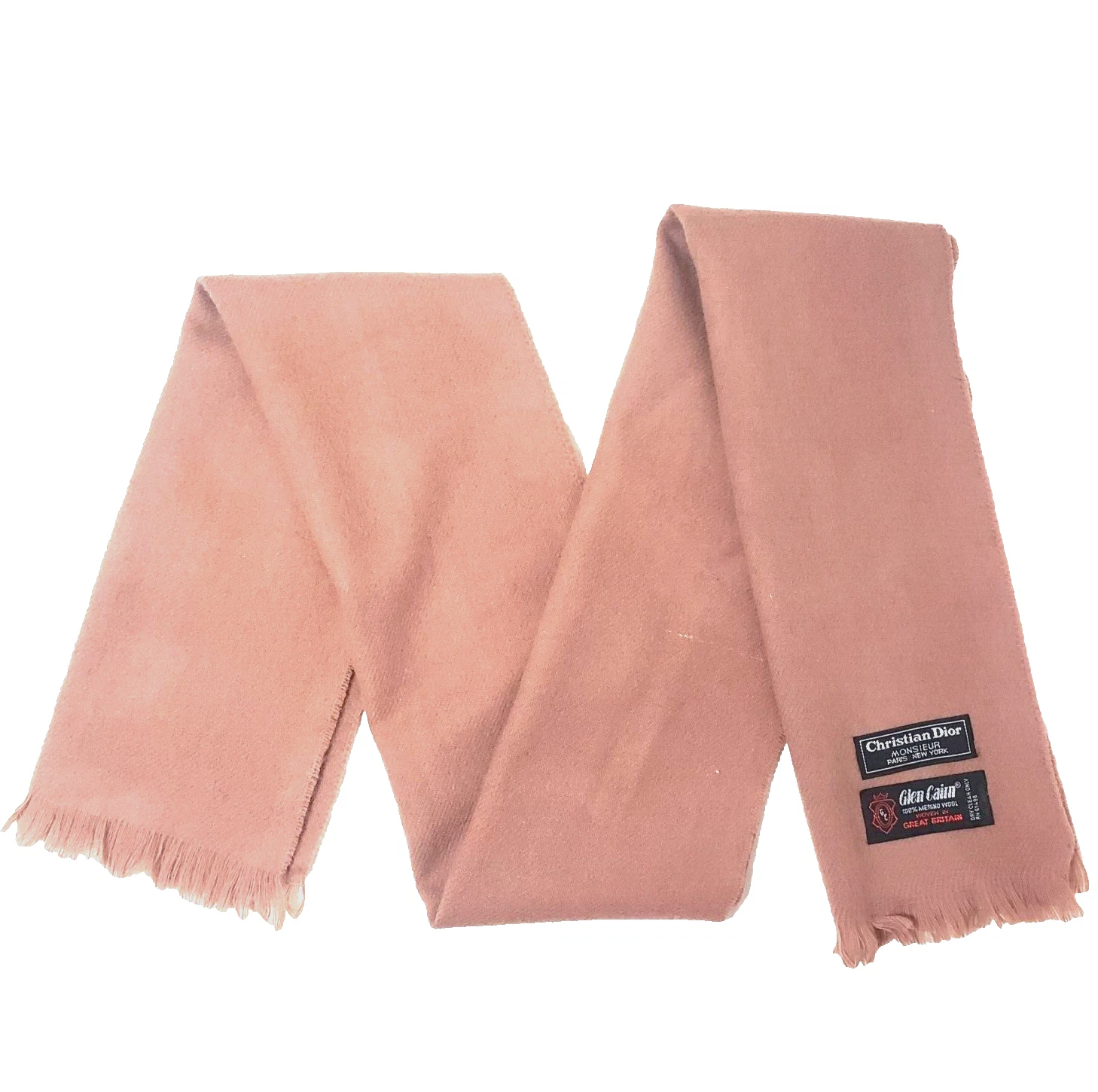 Foulard homme vintage Glen Cairn Christian Dior laine mérinos marron camel frangé 50x10