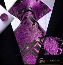 Men's Purple w/Black Paisley Tie, Matching Cufflinks, Hanky Set
