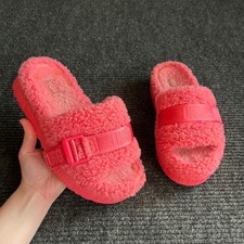 UGG Fluffita Platform Slide Women 7.5 Neon Pink Sheepskin Buckle Strap Sandal