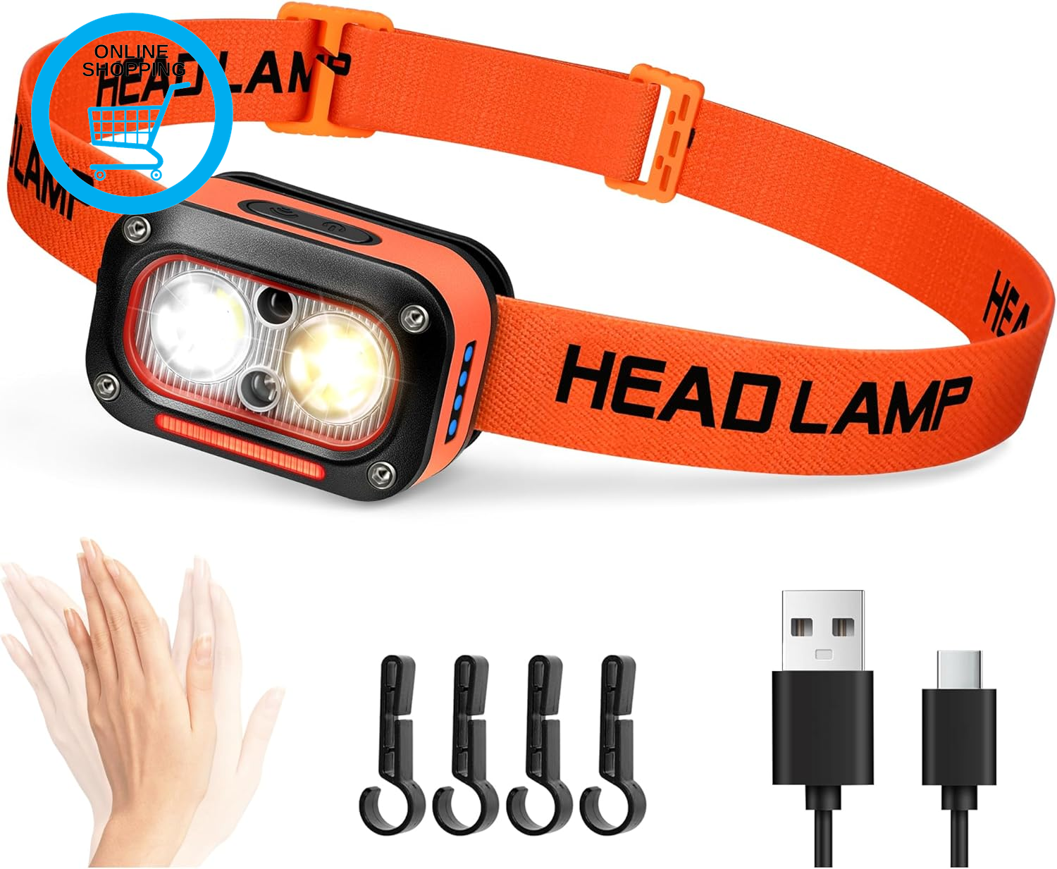 LED Head Torch High Lumens USB Rechargeable Dual Lights Headlamp for Hardhat wit