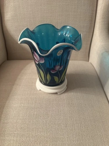 George Fenton Heirloom Optics Aqua Floral Vase Hand Painted Signed S. Hart 6”