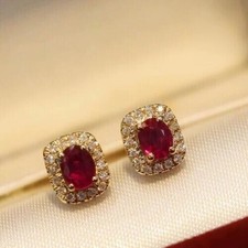 2Ct Oval Cut Simulated Red Ruby Halo Stud Earrings in 14K Yellow Gold Plated