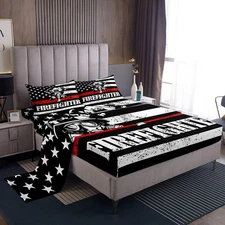 American Flag Sheet Set Twin Size, Firefighter Bed Sheet Set 3pcs with Deep P...