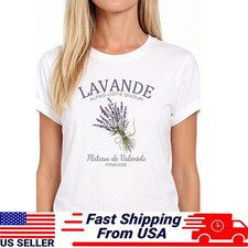 Women Basic T-Shirt Crew Neck 100%Cotton Lavender Printed Knit Plain T USA SALE
