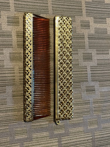 Vintage Napier Comb in Gold Tone Filigree Case Tortoiseshell Look Purse Comb