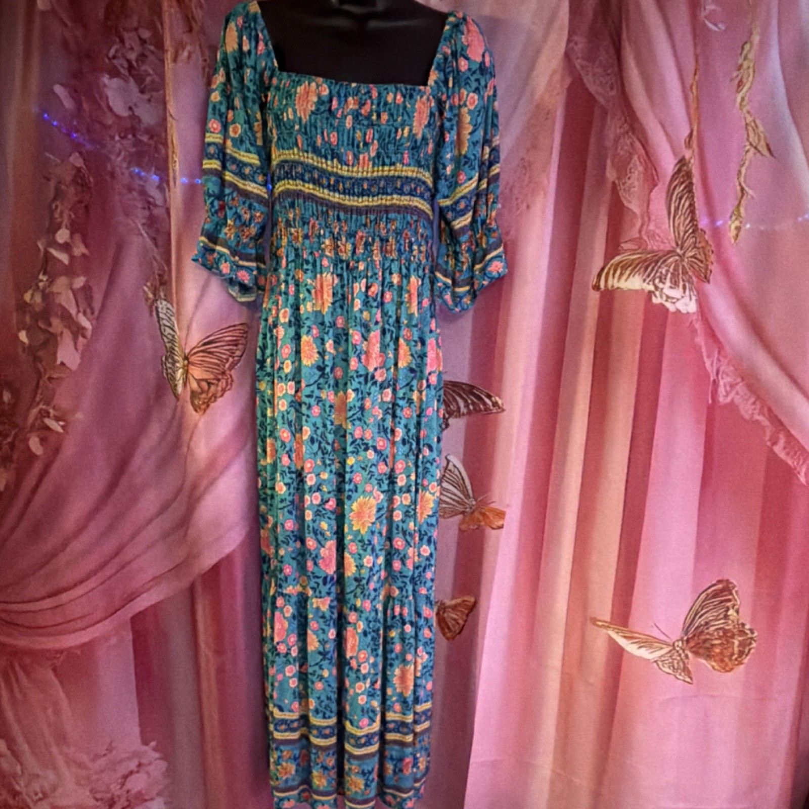 Blue Pink Floral Smocked Maxi Dress Square Neck Bell Sleeve Pullover XL