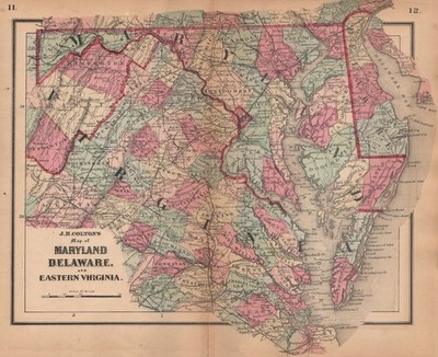 J. H. Coltons Karte von Maryland, Delaware und Eastern Virginia 1864 alt