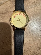 Vintage The New York Times Gold Tone Quartz Watch Roman Numeral Leather Band Box