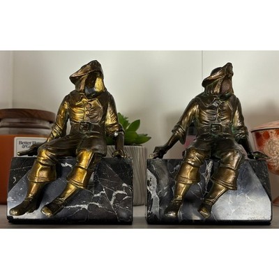 Antique 1925 J.B. Hirsch Seated Pirate Bookends Art Deco Marble Bases Pair