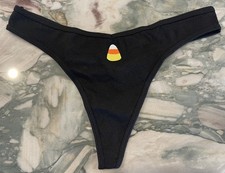 NEW Victoria Secret PINK Rib Cotton Thong Black Candy Corn Embroidery XL or XXL