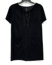 Forever 21 Dress Womens Medium Black Faux Suede Lace Up Mini Short Sleeve Pocket