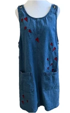 THE QUACKER FACTORY 90s Vintage Denim Dress + Red Embroidered Hearts Medium