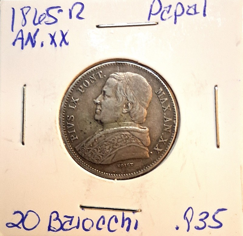 1865-R Papal States* 20 Baiocchi* AN.XX* 83.5% Silver