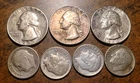 1946-1964 LOT OF SEVEN US SILVER COINS: WASHINGTON QUARTERS + ROOSEVELT DIMES