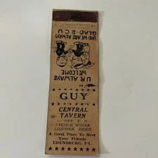 Guy Central Tavern Choice Wines Edensburg PA Vintage Matchbook Cover SMB25-3