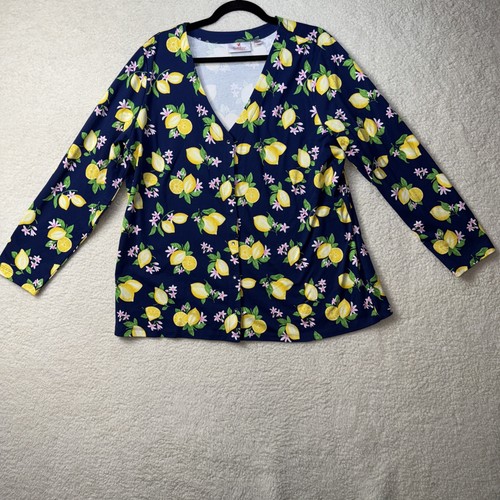 Quacker Factory Springtime Printed Snap Front Knit Cardigan Sweater Lemon XL