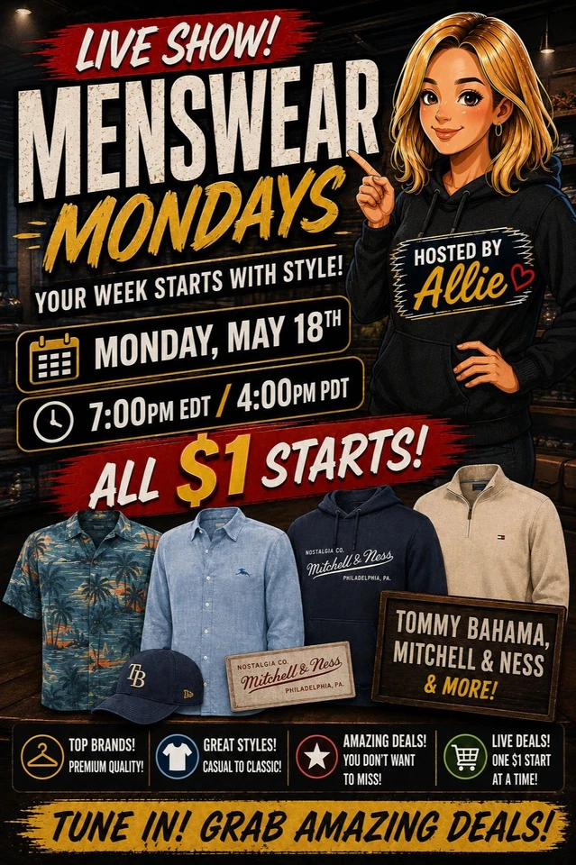 Menswear Mondays w/Allie - Tommy Bahama, Mitchell & Ness + More - $1 Starts