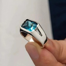 Solid Sterling 925 Silver Mens Jewelry Elegant London Blue Topaz Men's Ring