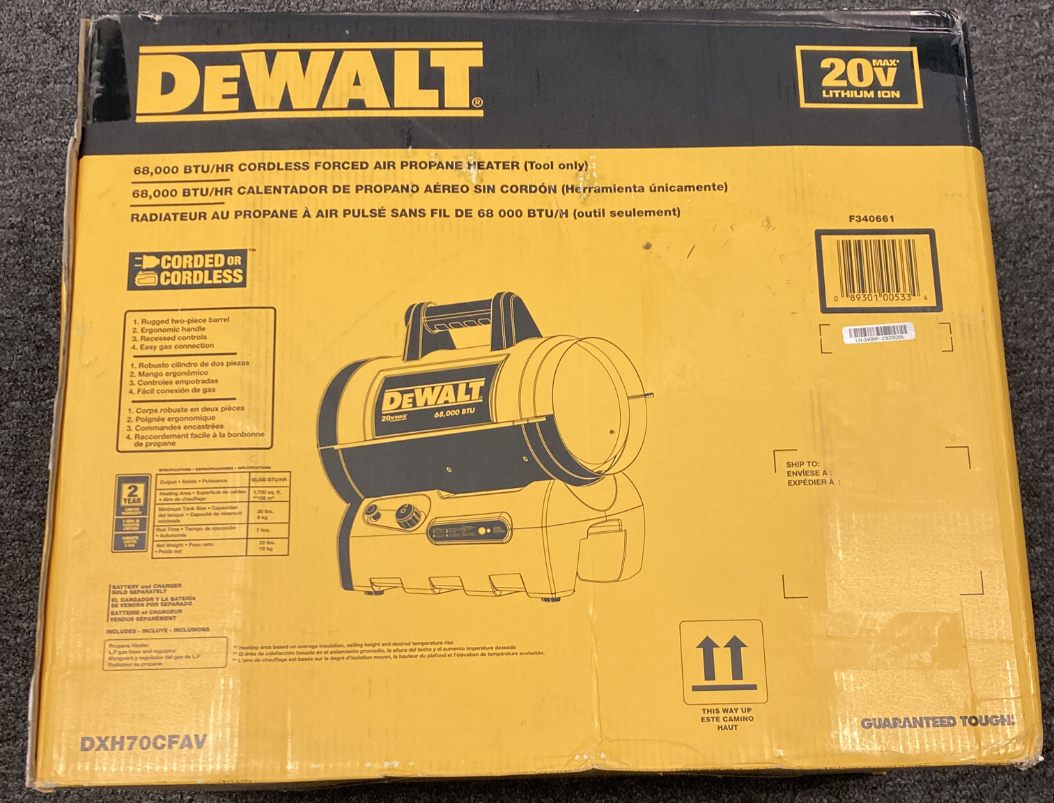 Buy DEWALT DXH70CFAV 68,000 BTU Cordless/Hybrid Forced Air Propane Portable  Heater - Black online | eBay