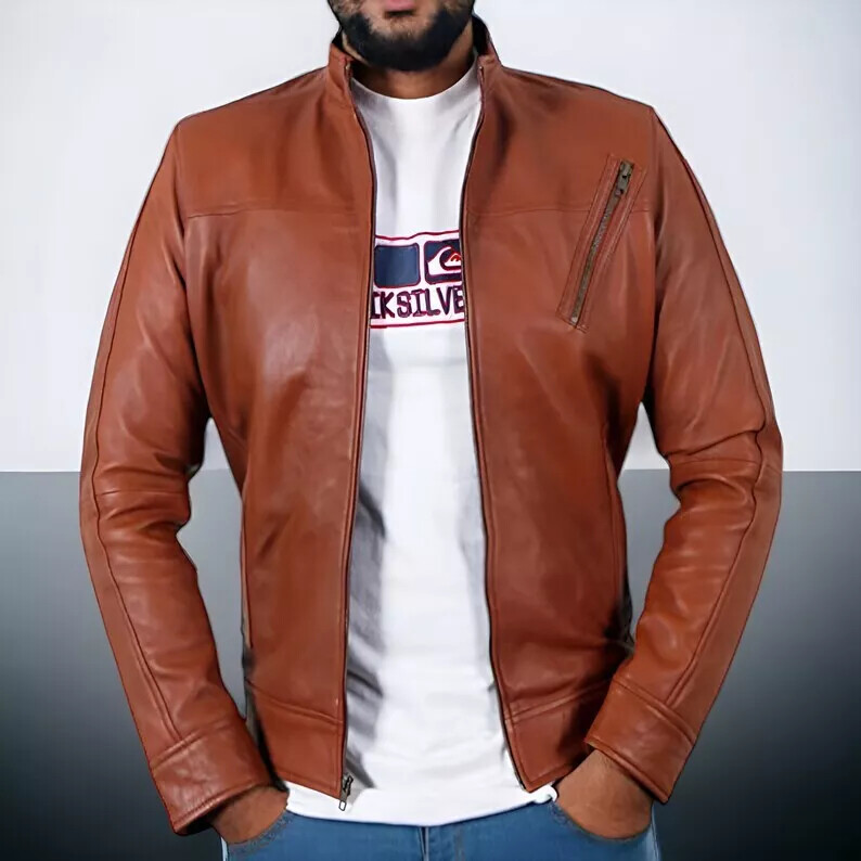 Stylish Brown Lambskin Leather Biker Jacket Handmade for Men