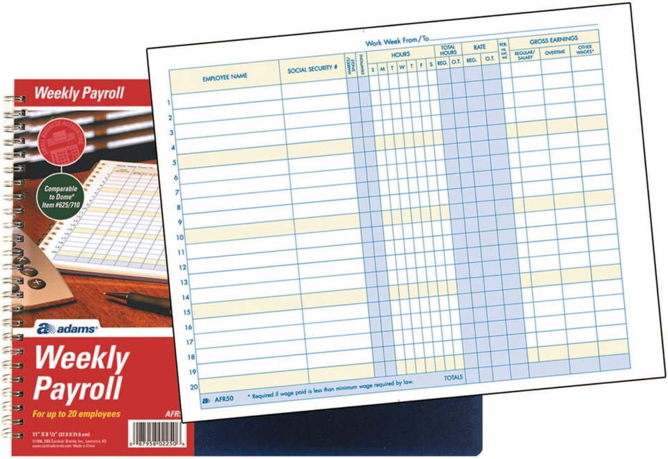 Weekly Payroll Record, 20 Employee Capacity, Spiral Binding, 11 X 8.5