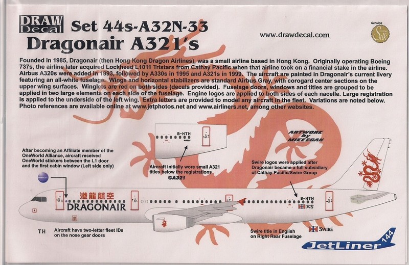 Draw Decal 1/144 Dragonair A321 44s-A32N-33 Airliner Decal Set Aerobus Decals