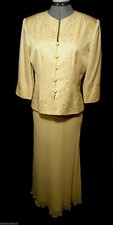 PAPELL 100 Silk Skirt SuitSet 8P Dusty Peach Pearled floral Maxi Jacket Wedding
