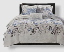 Madison Park Blue Floral Quilted Coverlet Set California King 6 PC