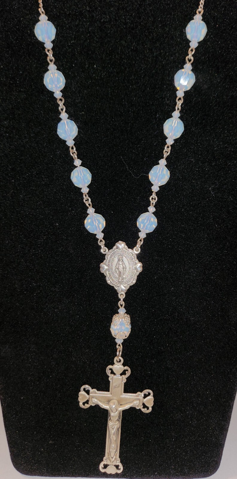 Vintage Sterling Silver Creed Milky Opal Faceted Glass Rosary Necklace 24