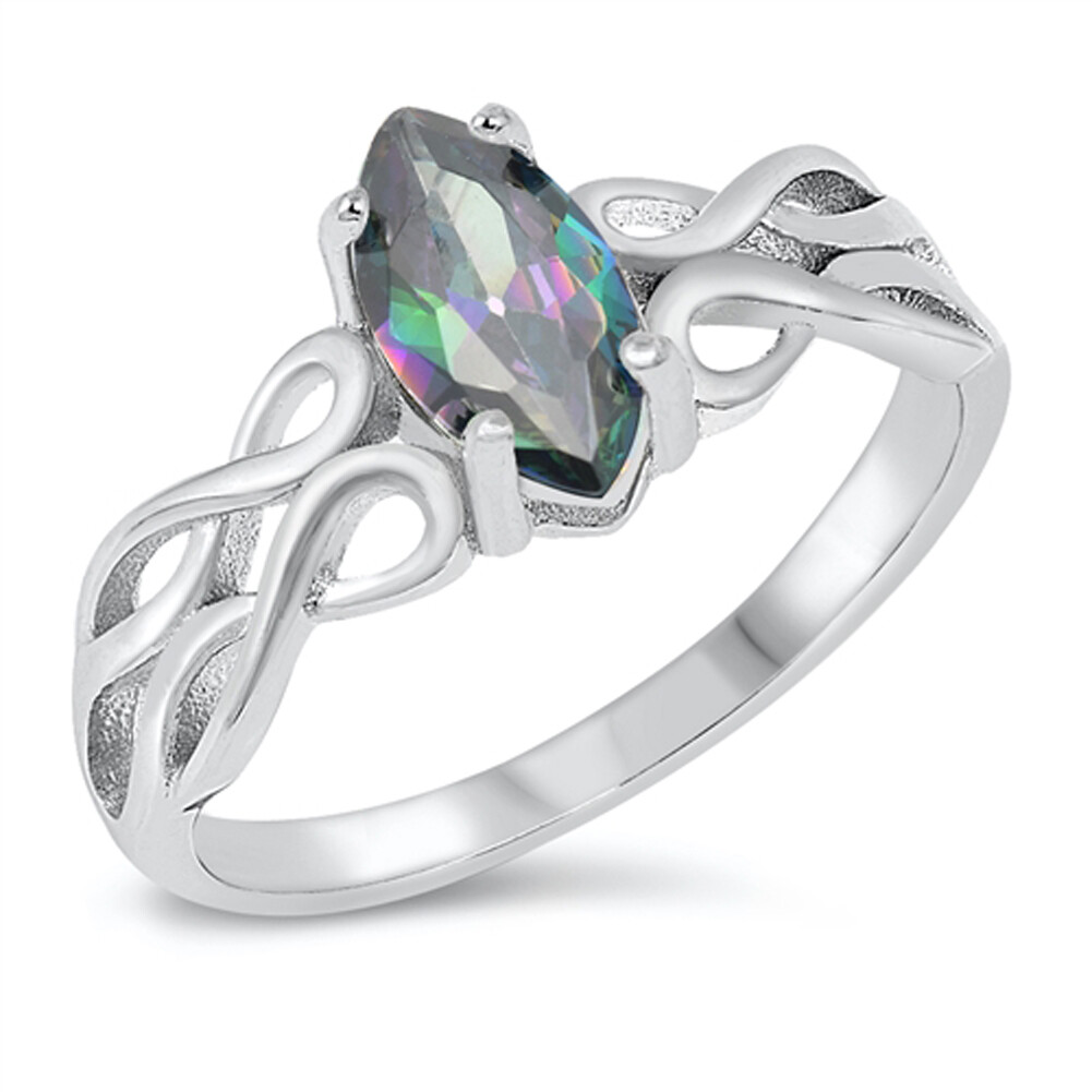 Sterling Silver Rainbow Simulated Topaz Ring - Irish Celtic Knot Design Band, Size 10