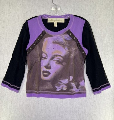 VTG Mosquito Marilyn Monroe Purple & Black Mesh Shirt Women s Large Rhinestones