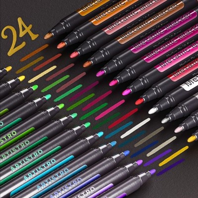 24 Metallic Acrylic Paint Markers - Medium Point Paint Pens for Rock, Wood, G...