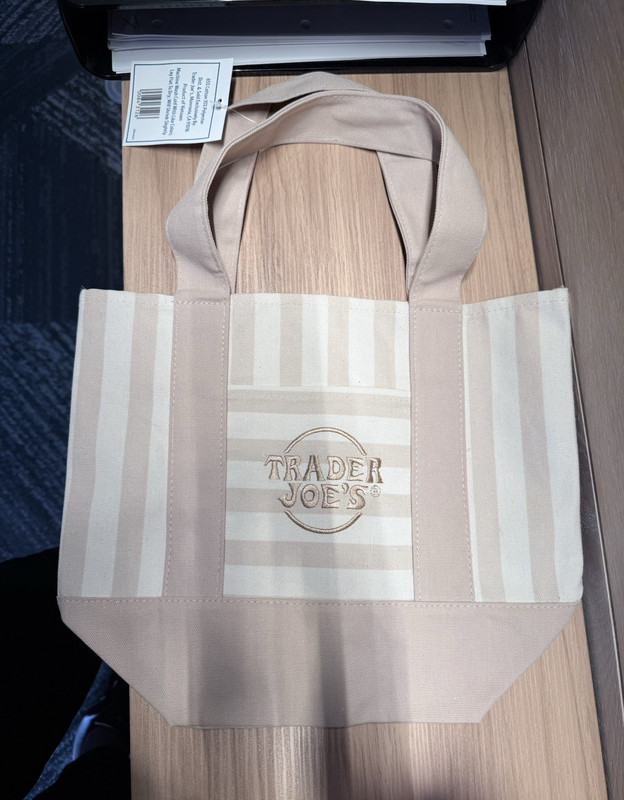 Trader Joe's Striped Mini Cotton Canvas Tote Bag Beige/White 1.5 Gal Reusable