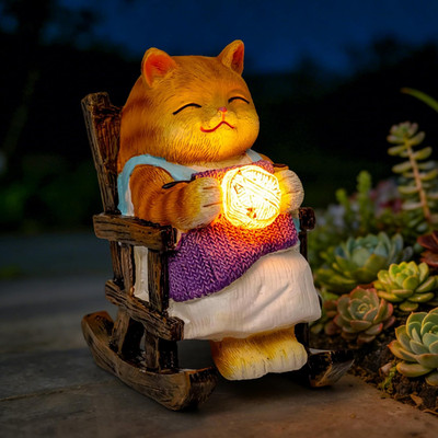 Miniature Cat Garden Statue Gift Outdoor Fairy Decor Figurine Lights Solar Garde