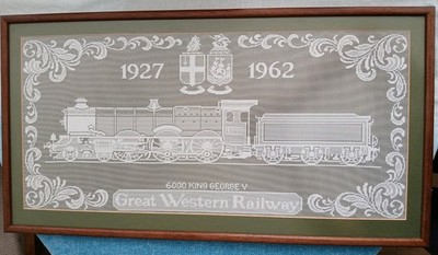 6000 King George V Dampflok. Spitzenstickerei Panel. Gerahmt. 73x39 cm. 0