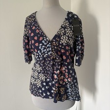 Dusk Navy Blue Ditsy Floral Tea Top V-neck and Short Sleeves Womens' Size 10 12