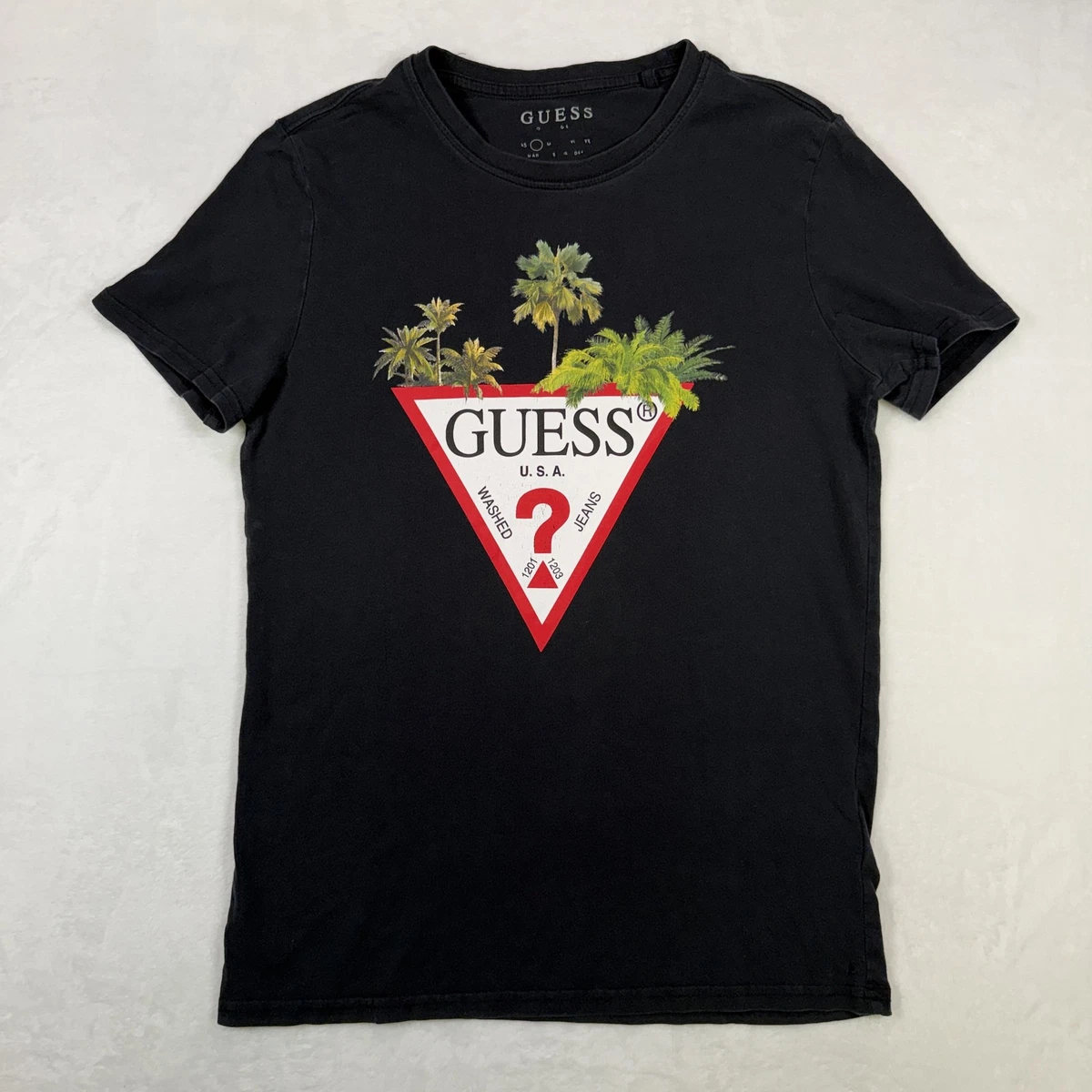 Camiseta gráfica para mujer GUESS talla pequeña negra manga corta jeans logotipo clásica