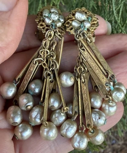 MIRIAM HASKELL signed vintage old  brass pearl dangle earrings please read
