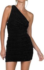 Women's Sexy One Shoulder Ruched Sleeveless Bodycon - BLACK LARGE (1571)