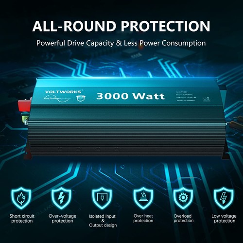 Convertidor inversor de energía para automóvil de onda sinusoidal pura 3000 vatios CC 12V a 120V CA VOLTWORKS - Imagen 5 de 8