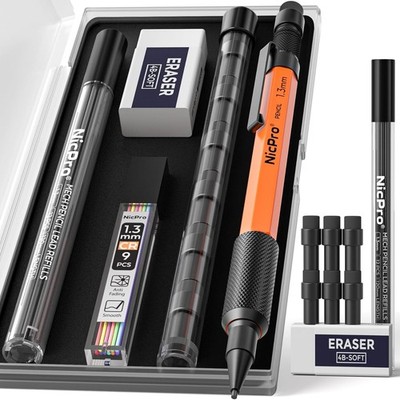 Nicpro 1.3 mm Mechanical Pencils Set with Lead Refill Black & 1 Pack, Orange 